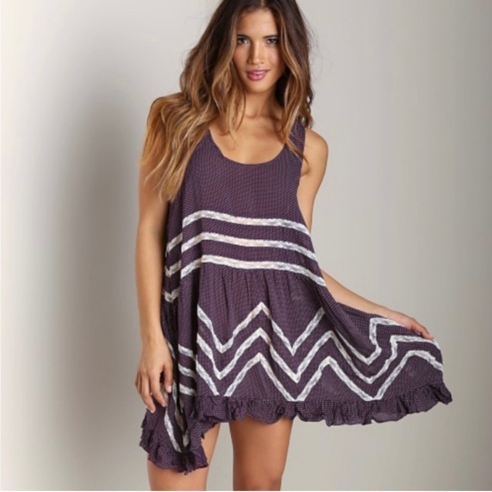 Free People Purple Polka Dot Voile and Lace Trapeze Slip Dress - Size XS